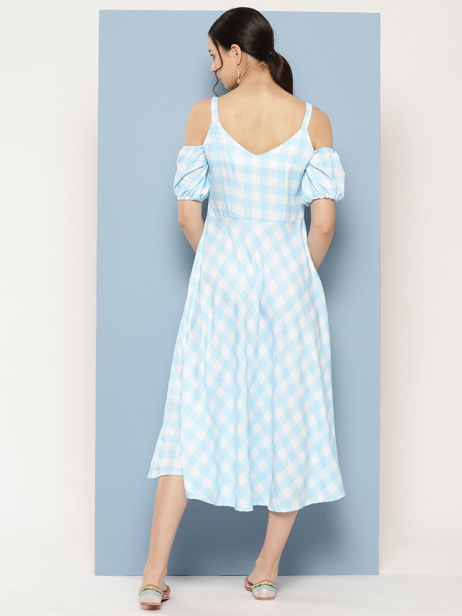 Ahalyaa Checked Cold-Shoulder Sleeves Midi Empire Ethnic Dress | Grocsy
