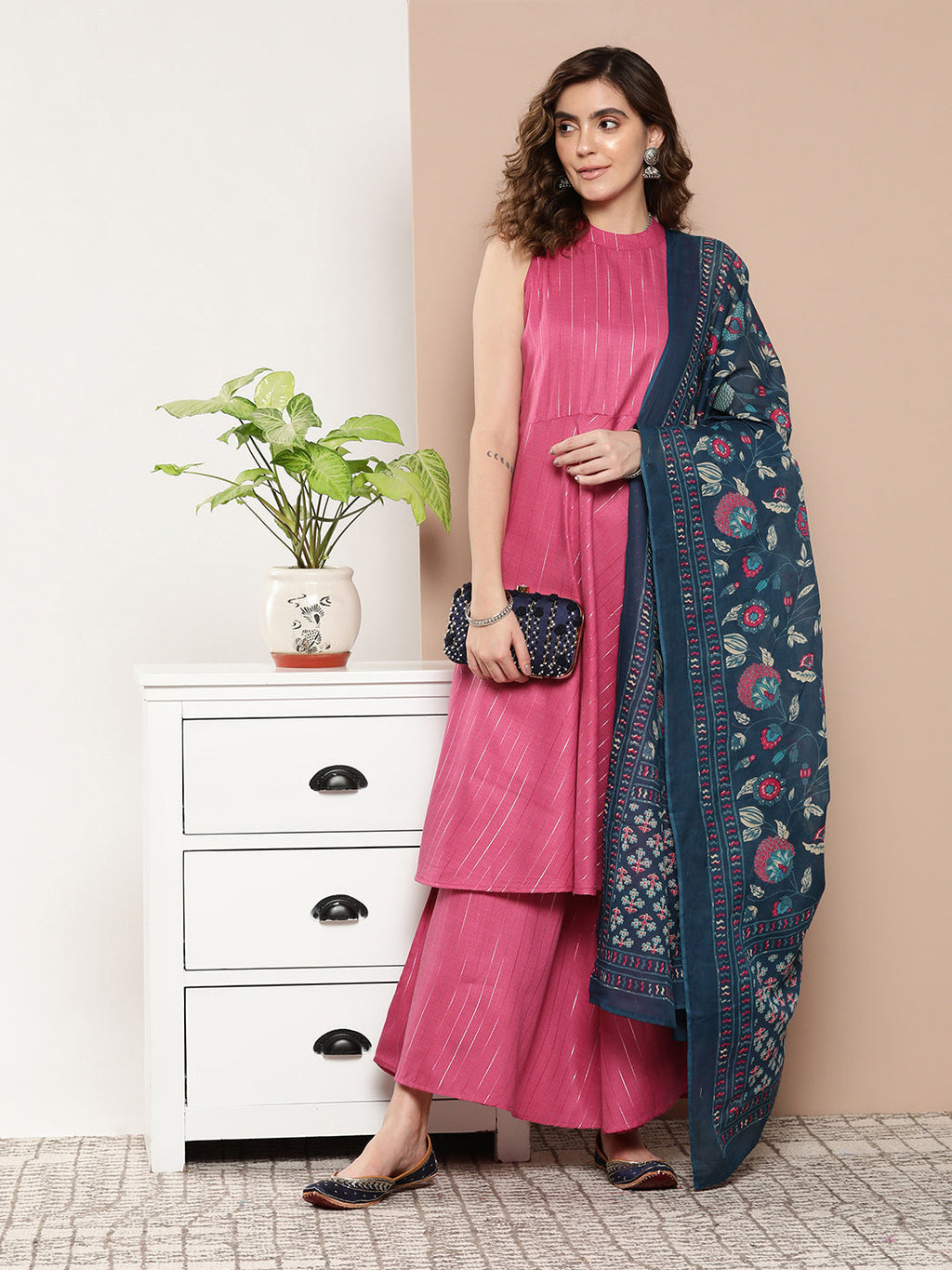 InWeave Women's Fuchsia Lurex Boho Kurta Set With Blue Printed Cotton Dupatta | Grocsy