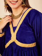 InWeave Women's Royal Blue Mughal Shaan Style Velvet Short Kurta Set | Grocsy