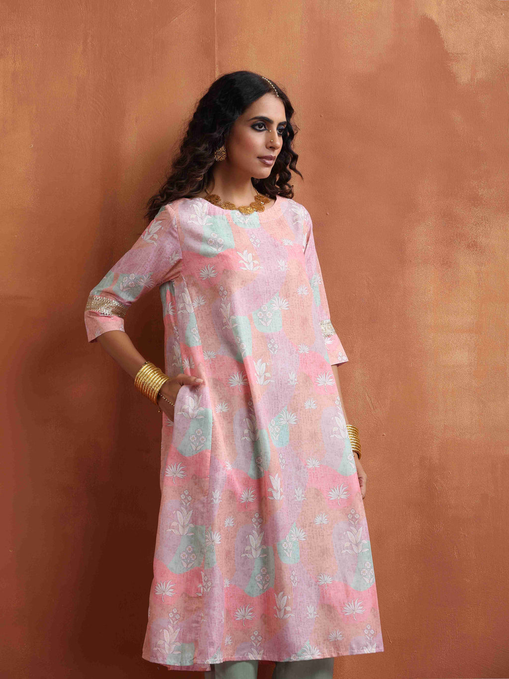 trueBrowns Beige Palm Print A-line Kurta Set | Grocsy