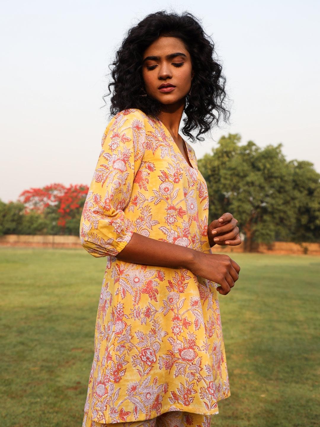 trueBrowns Yellow Cotton Block Print V-Square Neck Co-Ord Set | Grocsy