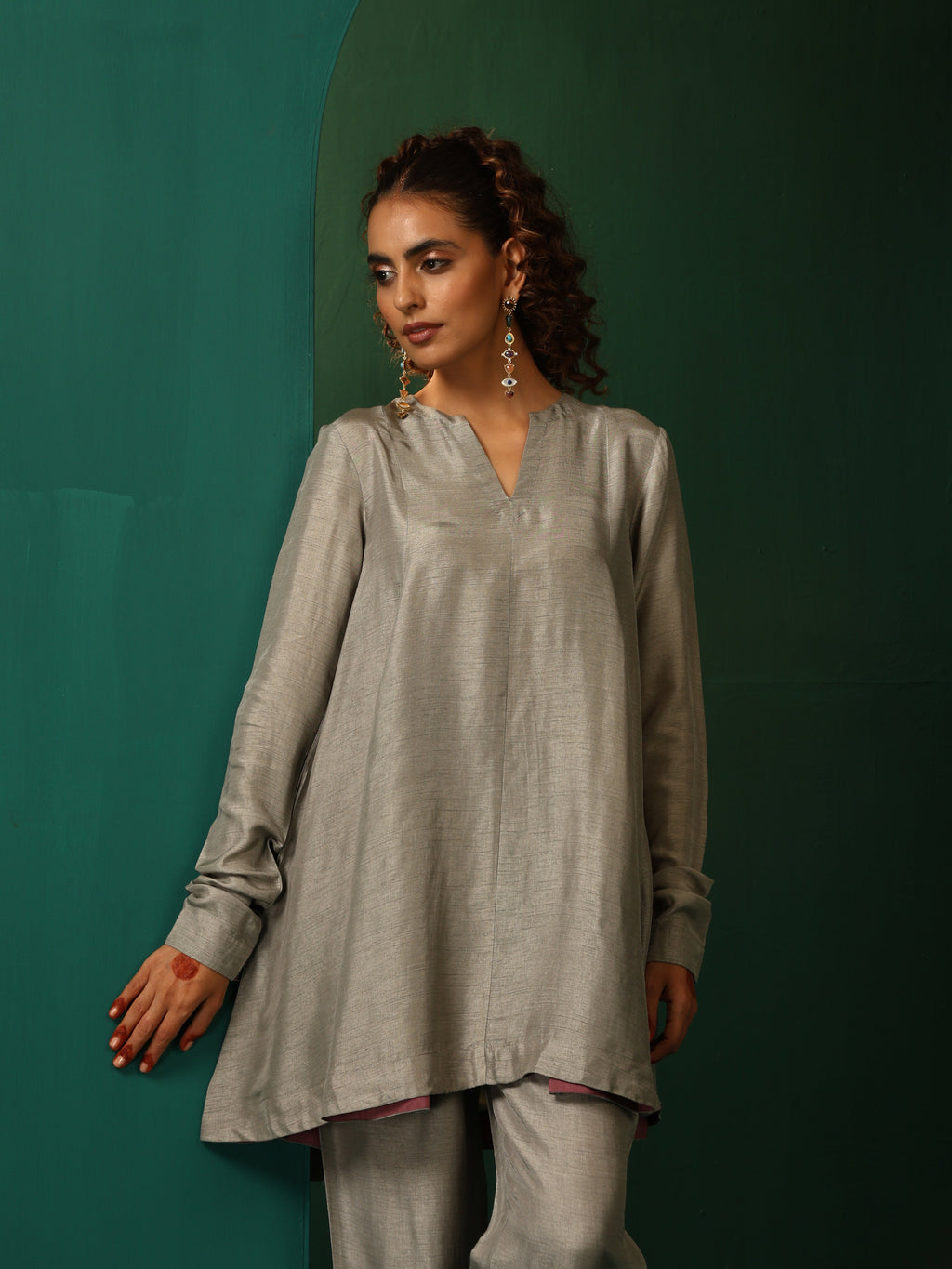 trueBrowns Grey Silk Flared Co-ord Set | Grocsy