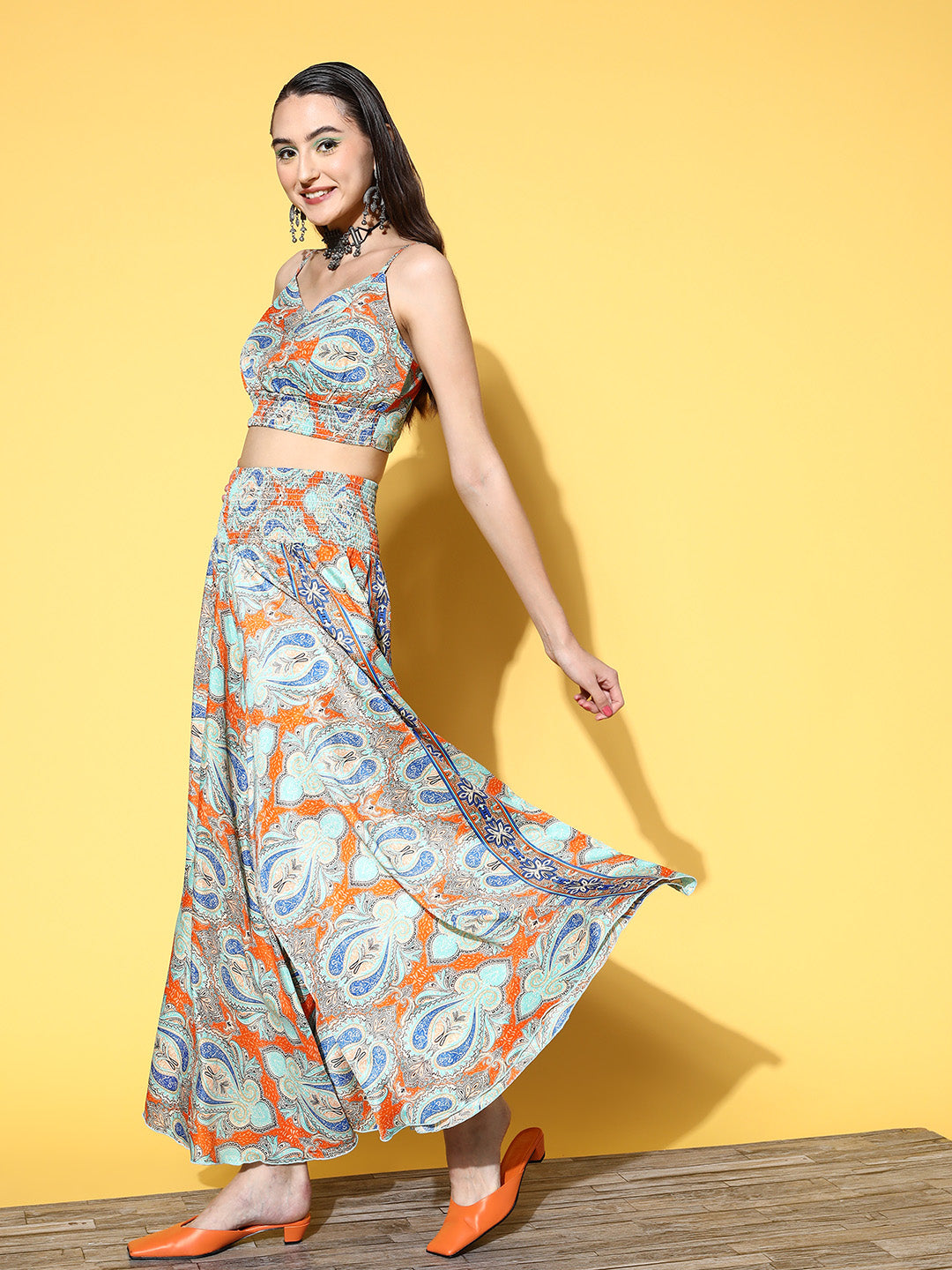 InWeave Women's Blue Orange Paisley Print Coord Set | Grocsy