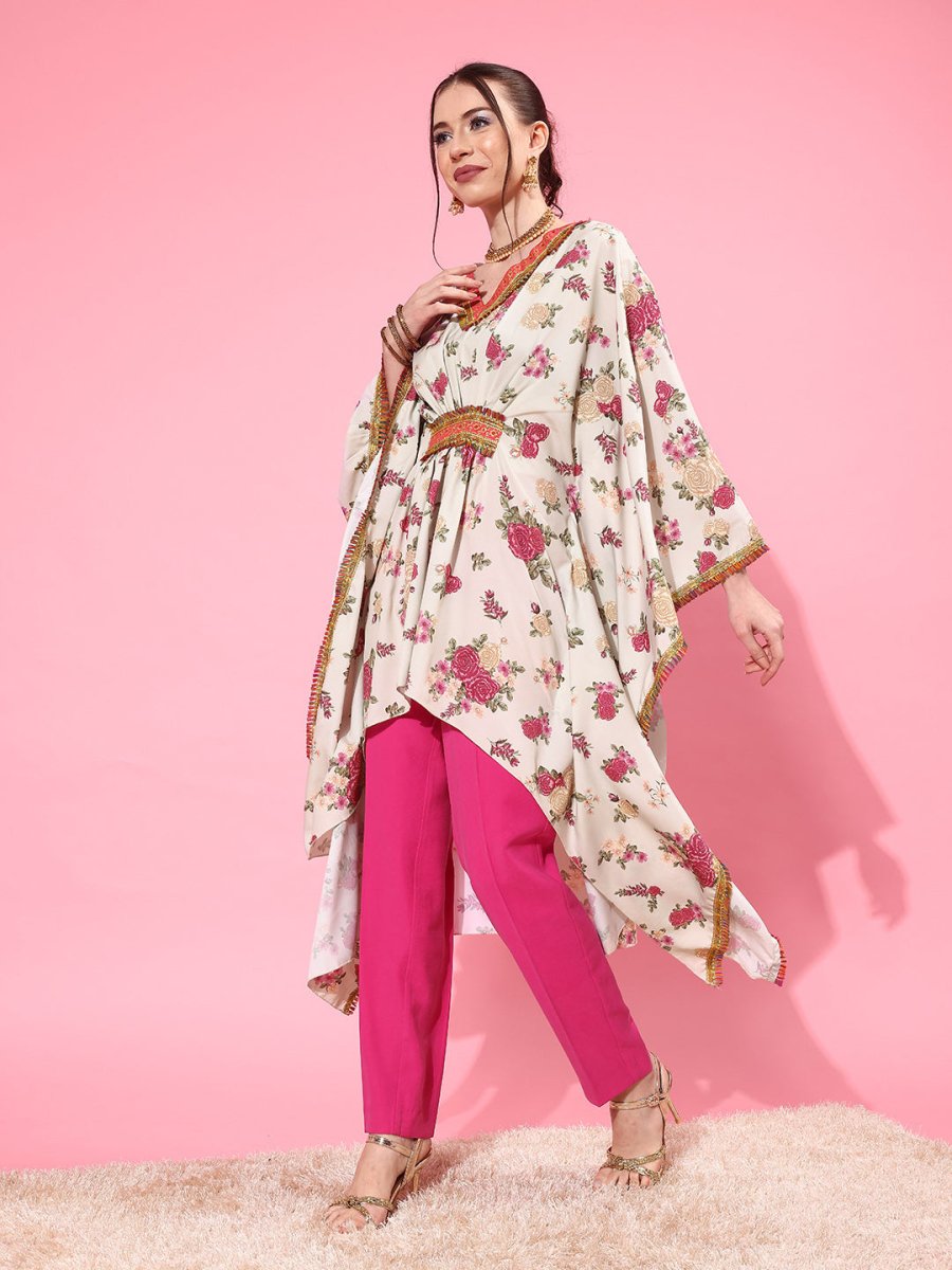 Ahalyaa Women Floral Printed Flared Sleeves Thread Work Crepe Kaftan Kurta | Grocsy
