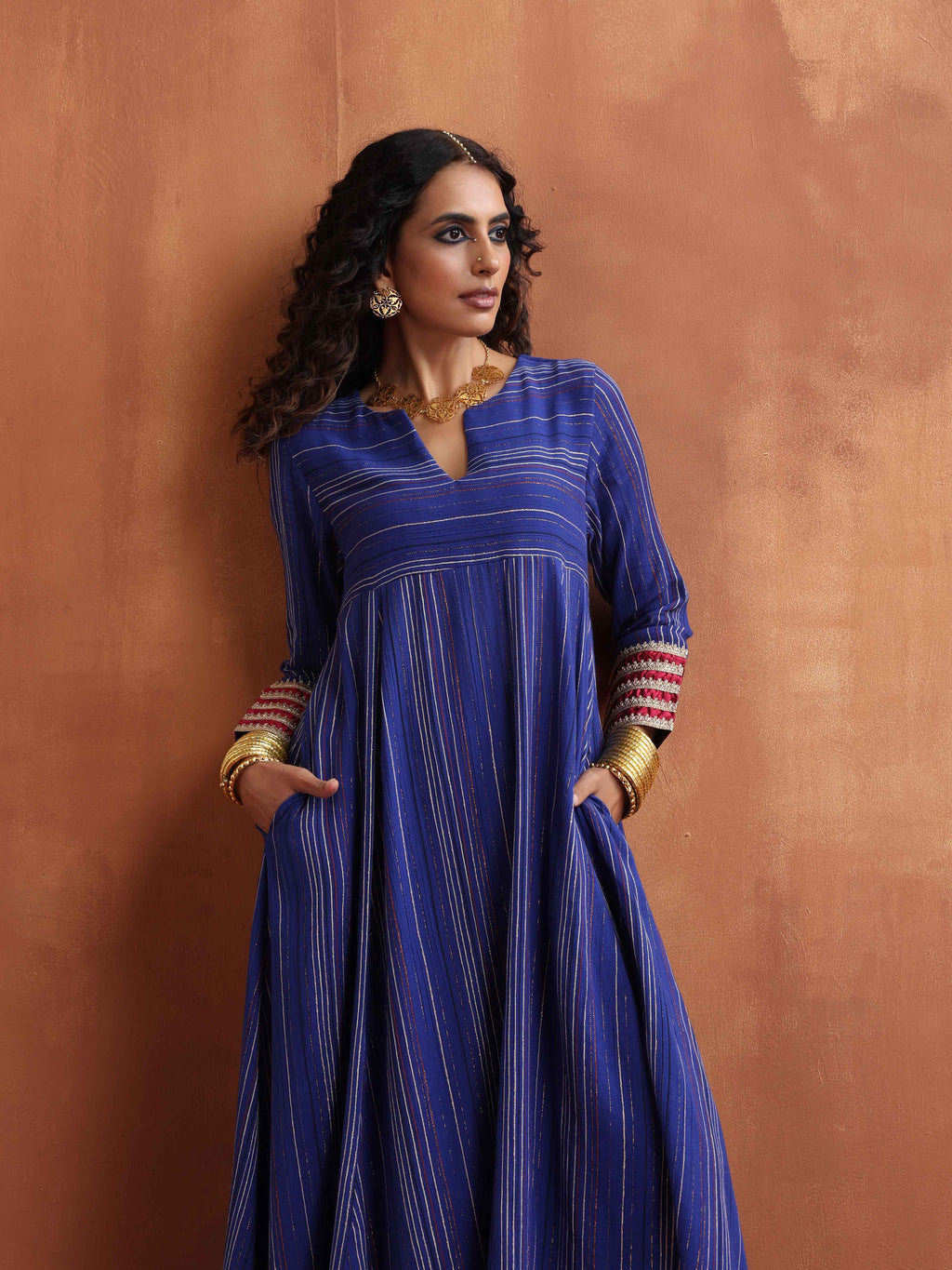 trueBrowns Blue Stripe Flared Anarkali Kurta Set | Grocsy