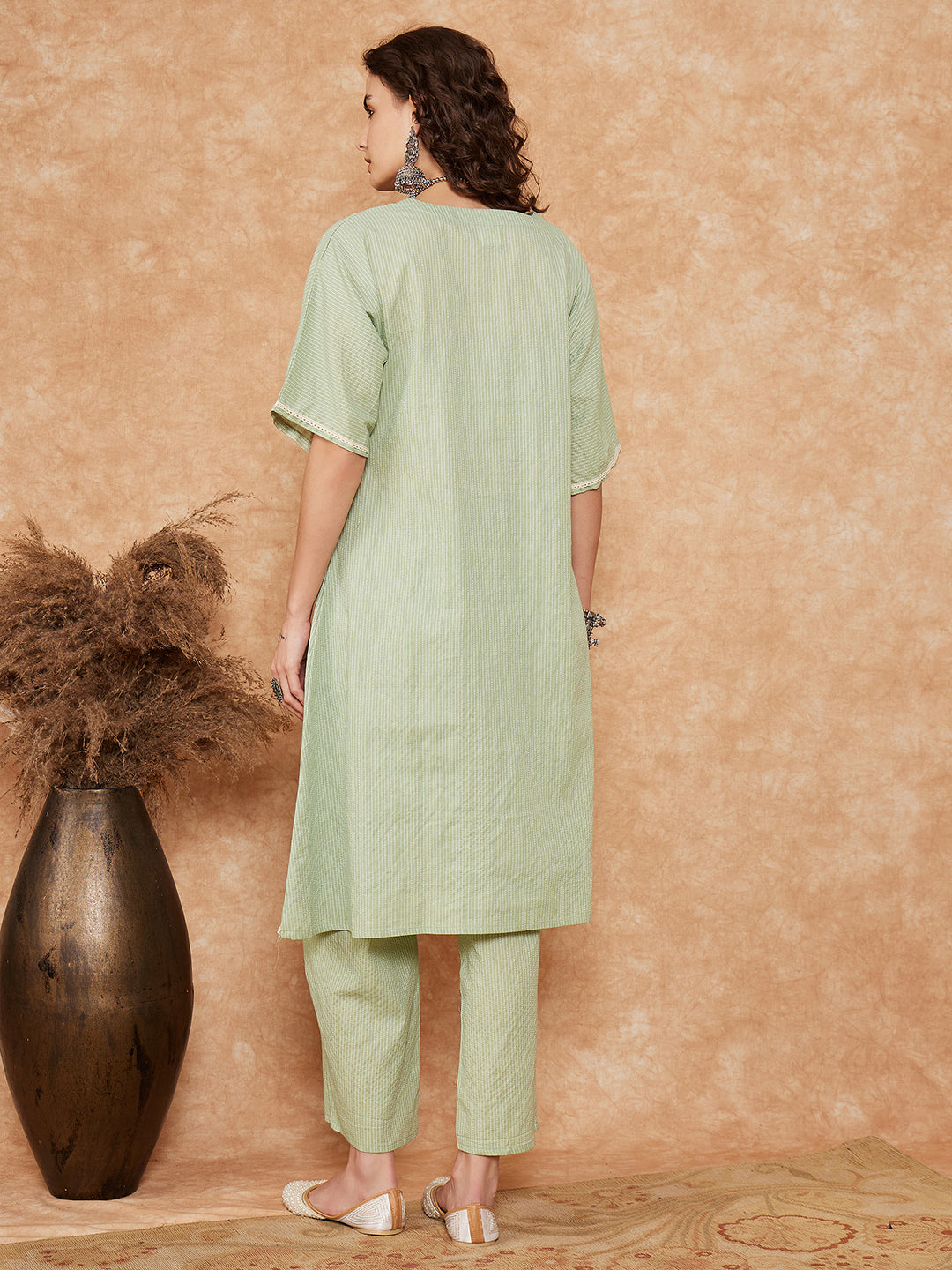 InWeave Women's Sage Green Kantha Lace Wrok Kimono Sleeve Kurta Set | Grocsy