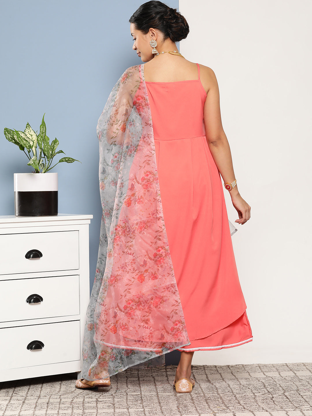 InWeave Women's Peach Cr Strappy Set With White Organza Dupatta | Grocsy