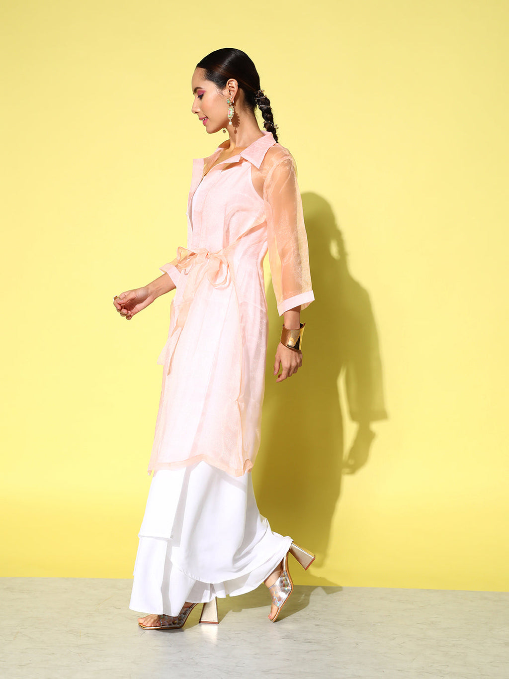 InWeave Women's Cream Strappy Kurta Set With Peach Organza Cape | Grocsy