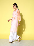 InWeave Women's Cream Strappy Kurta Set With Peach Organza Cape | Grocsy