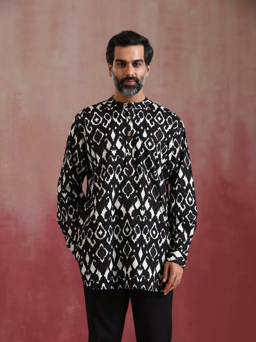 trueBrowns Men's Black Ikat Print Mandarin Collar Kurta Co-ord set | Grocsy