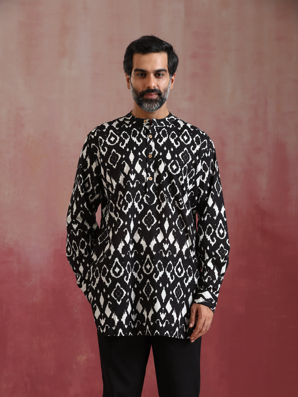 trueBrowns Men's Black Ikat Print Mandarin Collar Kurta Co-ord set | Grocsy