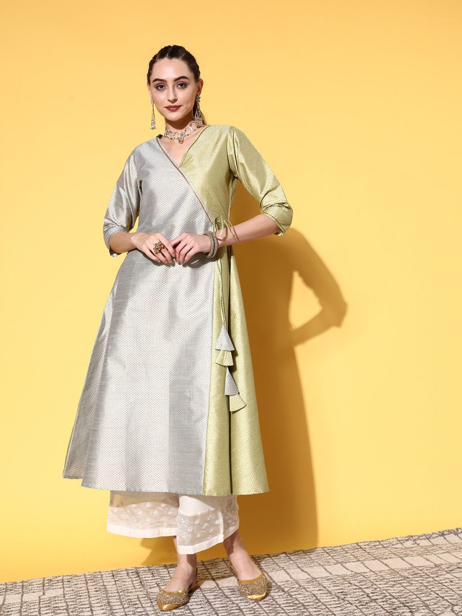Ahalyaa Women Green Art Silk Fluid Tie-Up Kurta | Grocsy