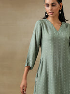 trueBrowns Light Green Bandhani Printed Silk High Slit Kurta Pant Set | Grocsy