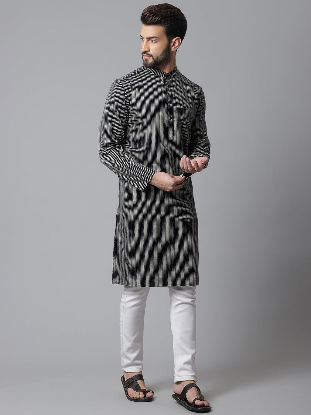 Even Apparels Black Pure Cotton Kurta With Band Collar | Grocsy