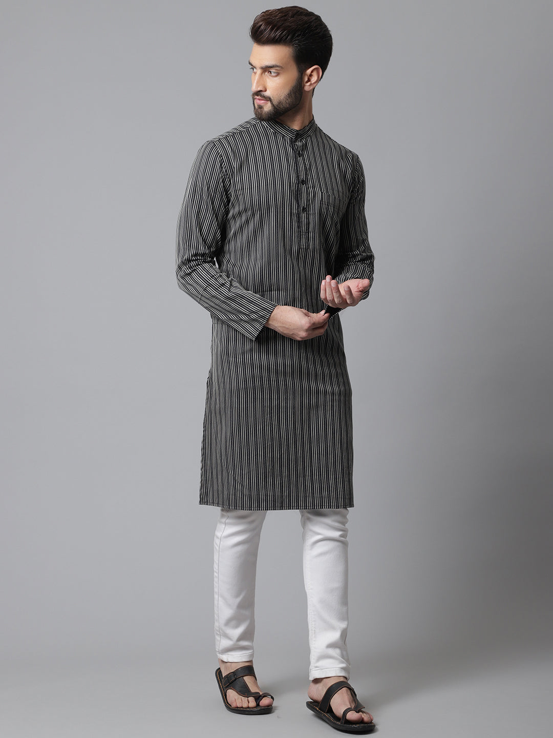 Even Apparels Black Pure Cotton Kurta With Band Collar | Grocsy