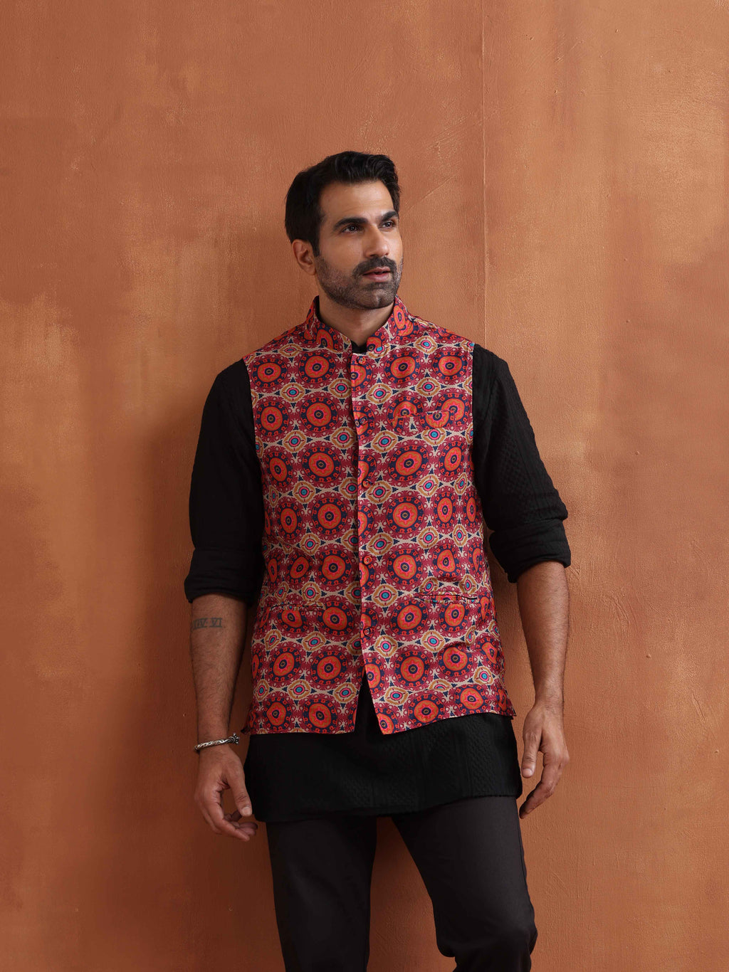 trueBrowns Men's Beige Printed Nehru Jacket | Grocsy