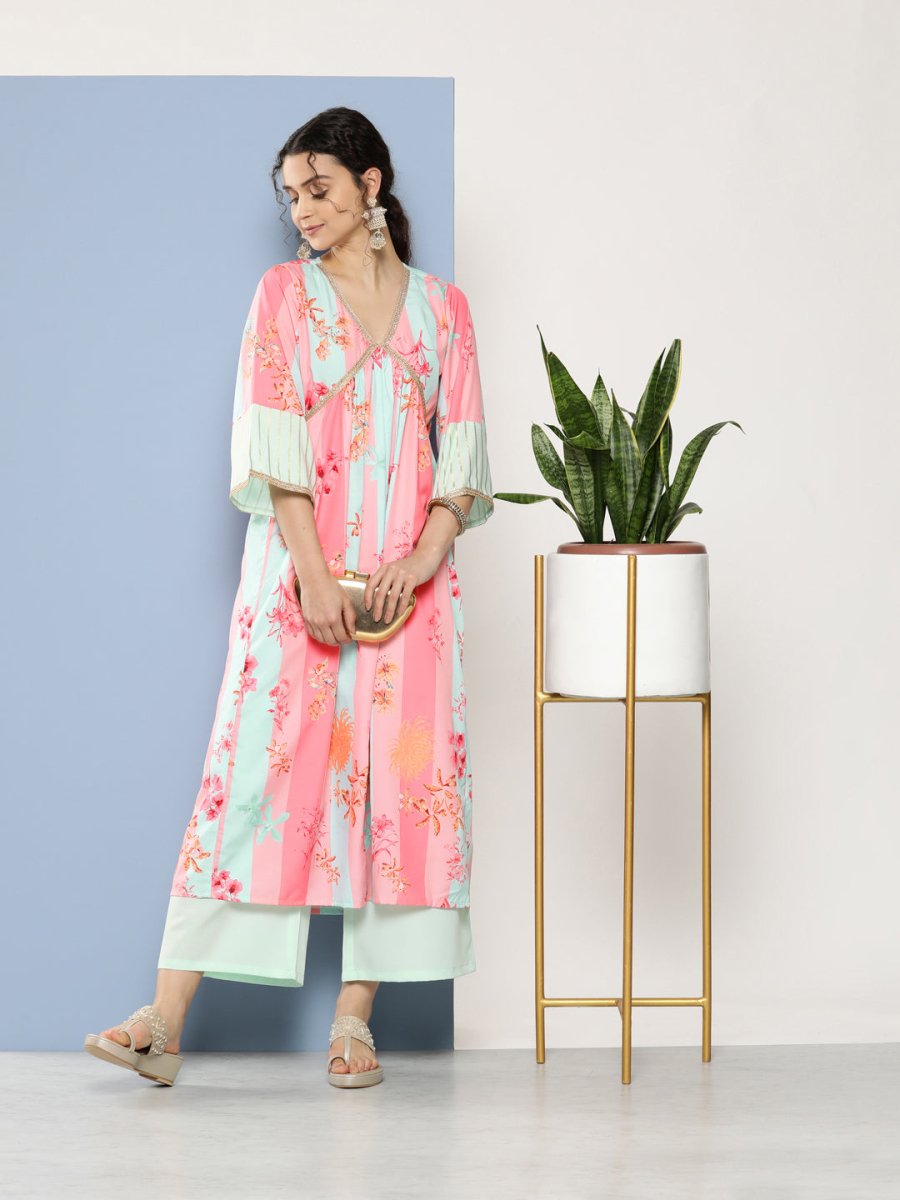 Ahalyaa Women Floral Printed Pleated Gotta Patti Kurta With Palazzos | Grocsy