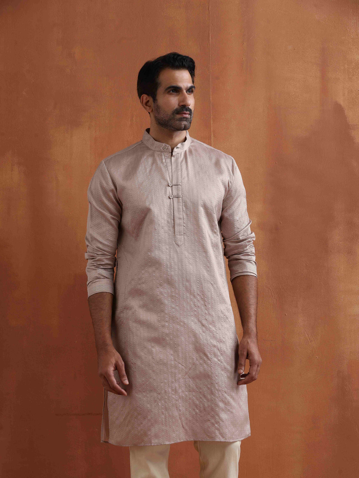 trueBrowns Men's Beige Sequin Chanderi Kurta | Grocsy