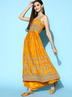 InWeave Women's Mustard Foil Print Strappy With Green Brocade Dupatta | Grocsy