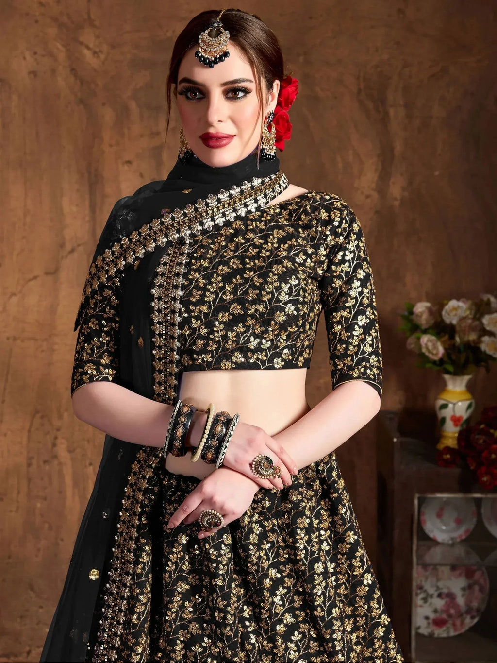 Tulsi Art Black Zari Embroidery Raw Silk Wedding Lehenga Choli With Dupatta | Grocsy
