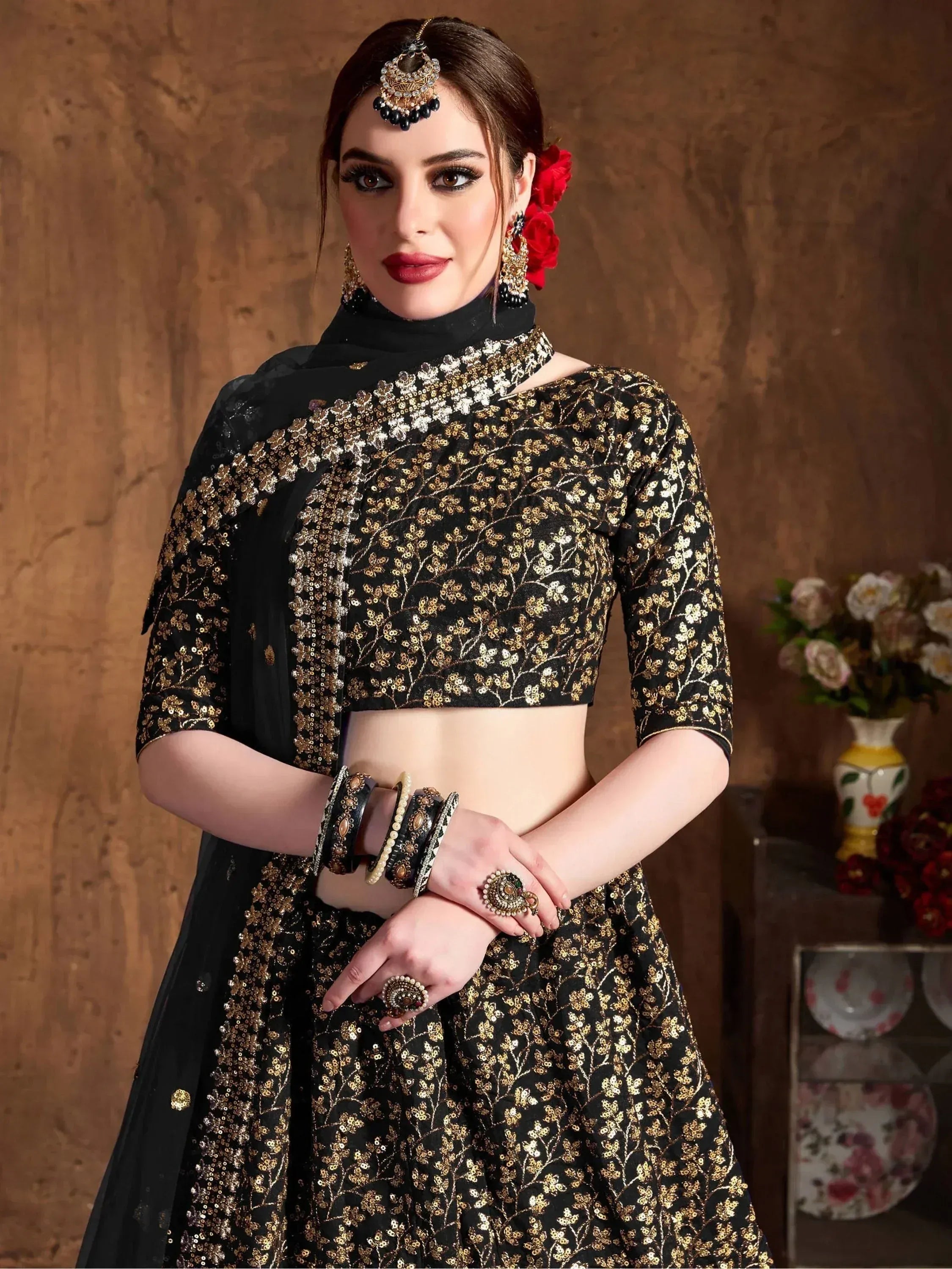 Tulsi Art Black Zari Embroidery Raw Silk Wedding Lehenga Choli With Dupatta | Grocsy