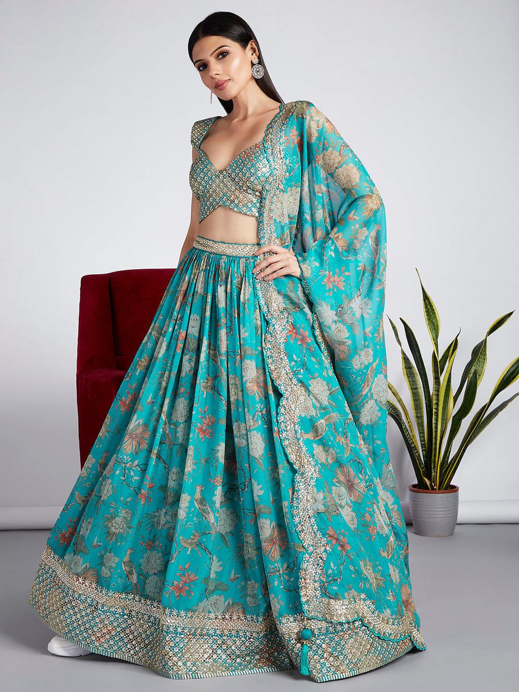 House of Panchhi Sea Green Colour Organza Floral Design Digital Print Lehenga Choli & Dupatta | Grocsy
