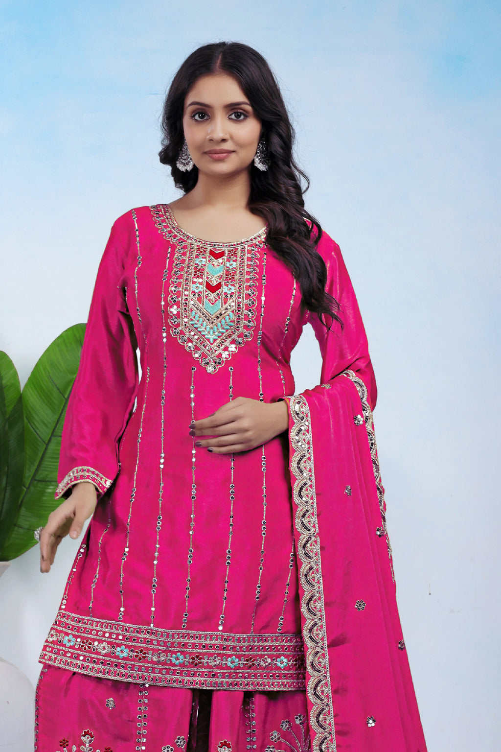 Yash Enterprise Pink Chinon Silk Party Wear Embroidery Suit Set | Grocsy