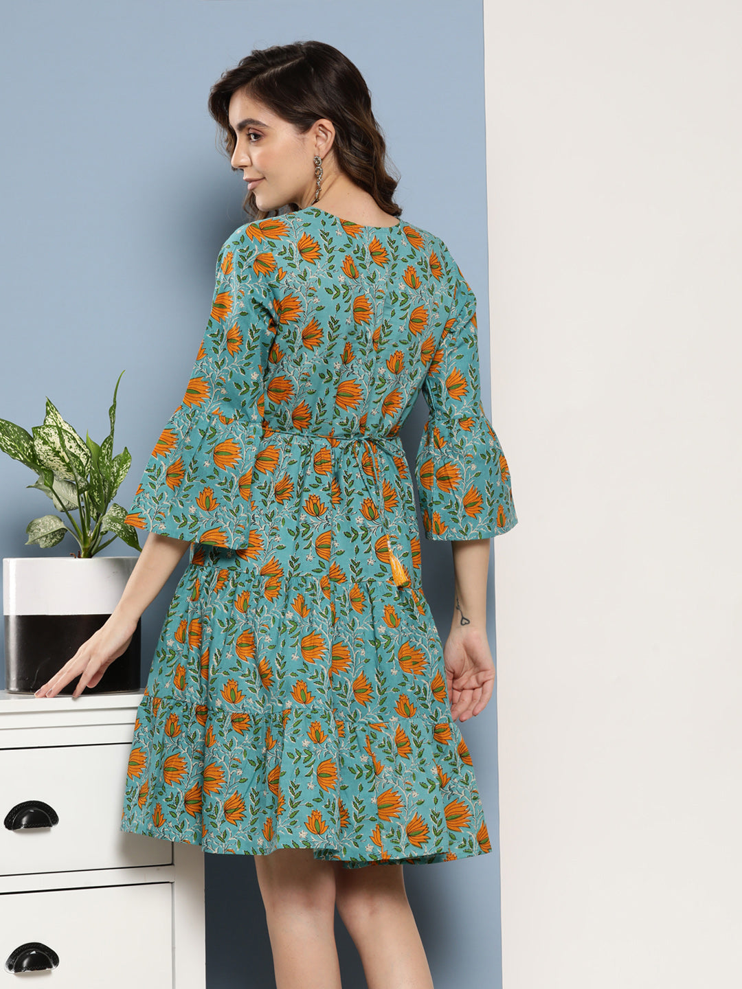 InWeave Women's Blue Mustard Print Short Dress | Grocsy