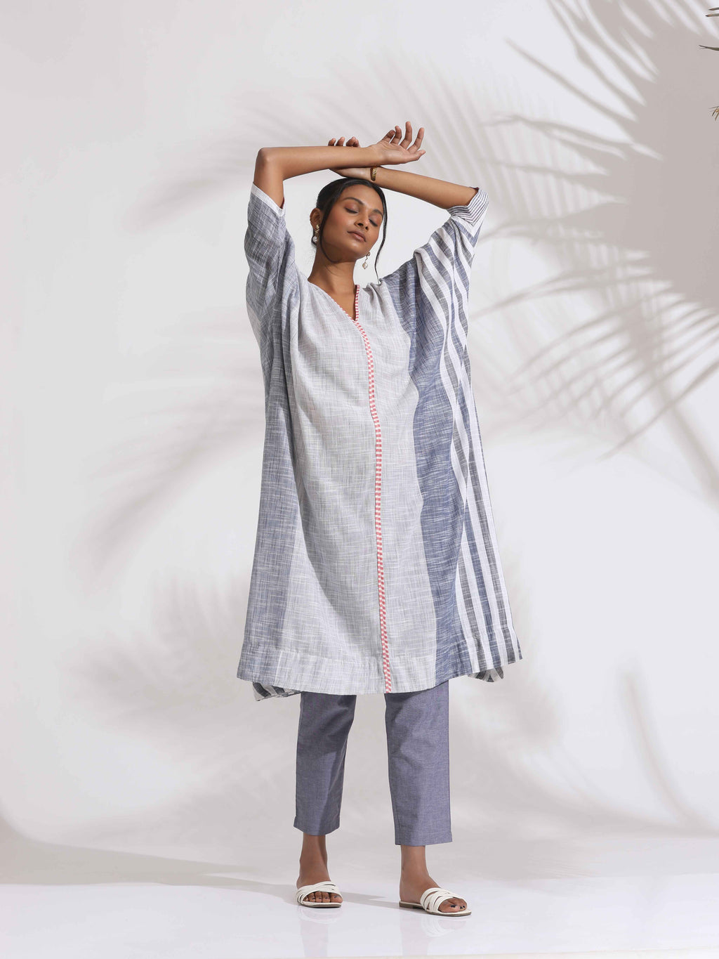 trueBrowns Off-White Cotton Multi Stripe Flared Kurta Set | Grocsy