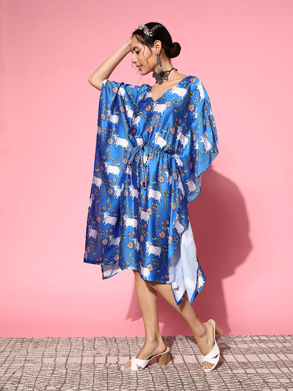 InWeave Women's Ink Blue Indian Bull Print Kaftan | Grocsy