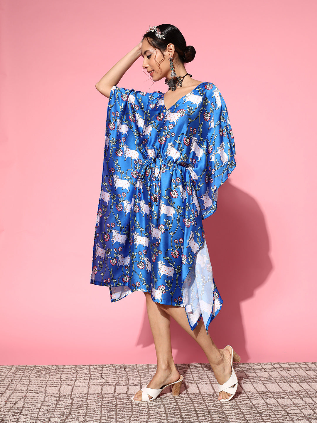 InWeave Women's Ink Blue Indian Bull Print Kaftan | Grocsy