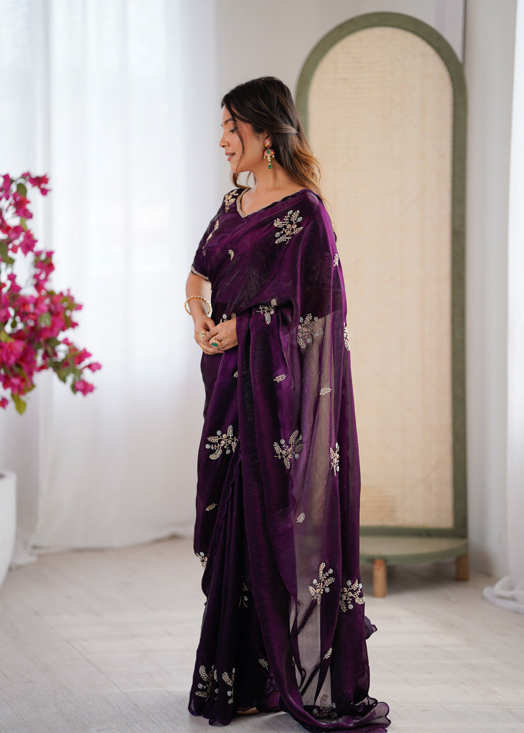 Evanik Designer Heavy Fendy Satin With Beads Embroidered Work Saree With Unstitched Blouse | Grocsy