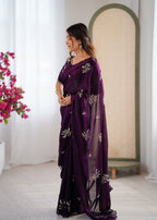 Evanik Designer Heavy Fendy Satin With Beads Embroidered Work Saree With Unstitched Blouse | Grocsy