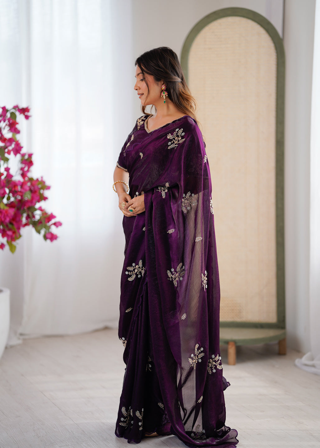 Evanik Designer Heavy Fendy Satin With Beads Embroidered Work Saree With Unstitched Blouse | Grocsy