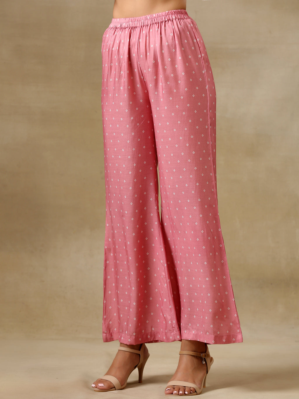 trueBrowns Light Mauve Bandhani Printed Silk Flared Kurta Pant Set | Grocsy