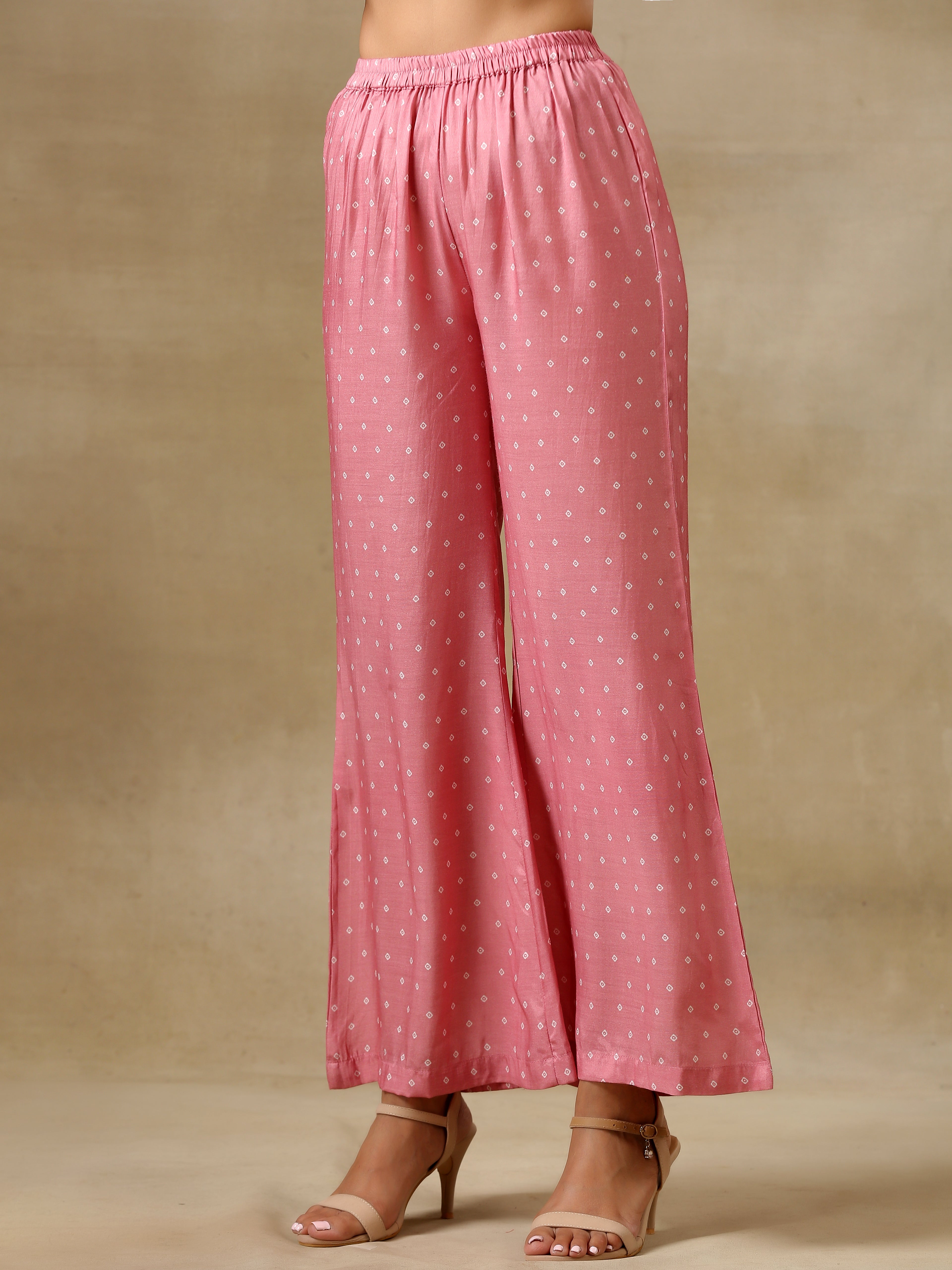 trueBrowns Light Mauve Bandhani Printed Silk Flared Kurta Pant Set | Grocsy