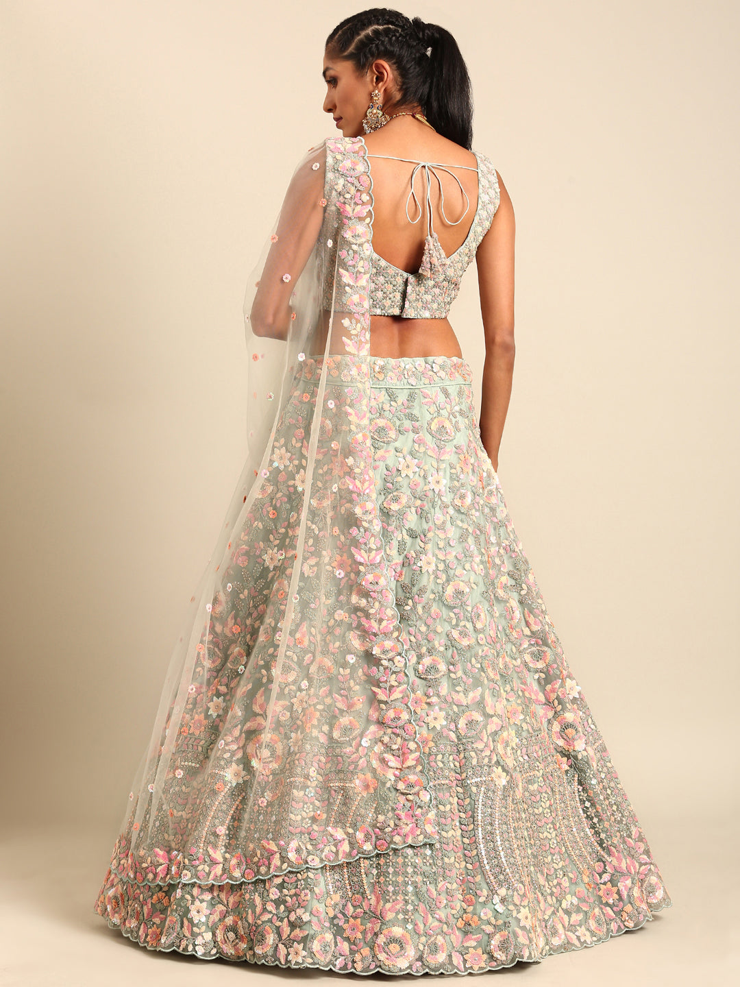 House of Panchhi Sea green Net Multi Sequins with heavy Zarkan embroidery Lehenga choli & Dupatta | Grocsy