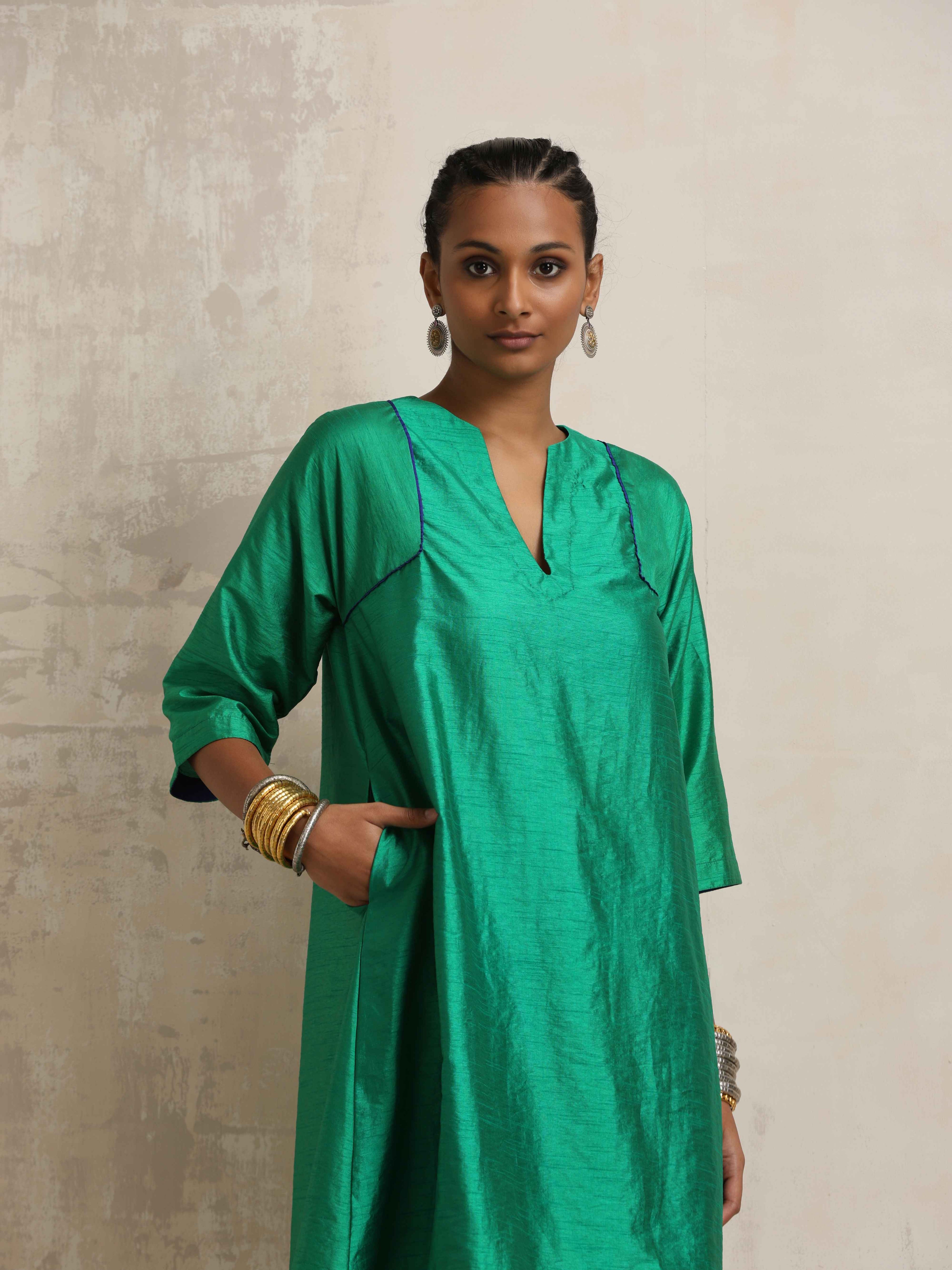trueBrowns Bright Green Silk Kurta Co-ord Set | Grocsy