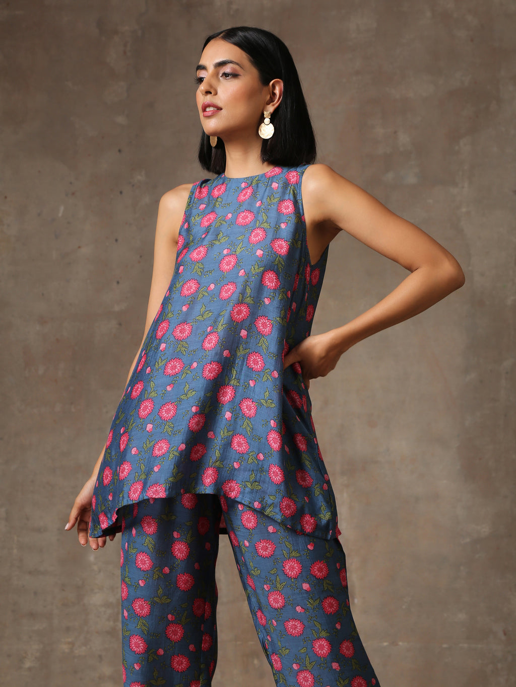 trueBrowns Blue Pink Printed Silk Co-Ord Set | Grocsy