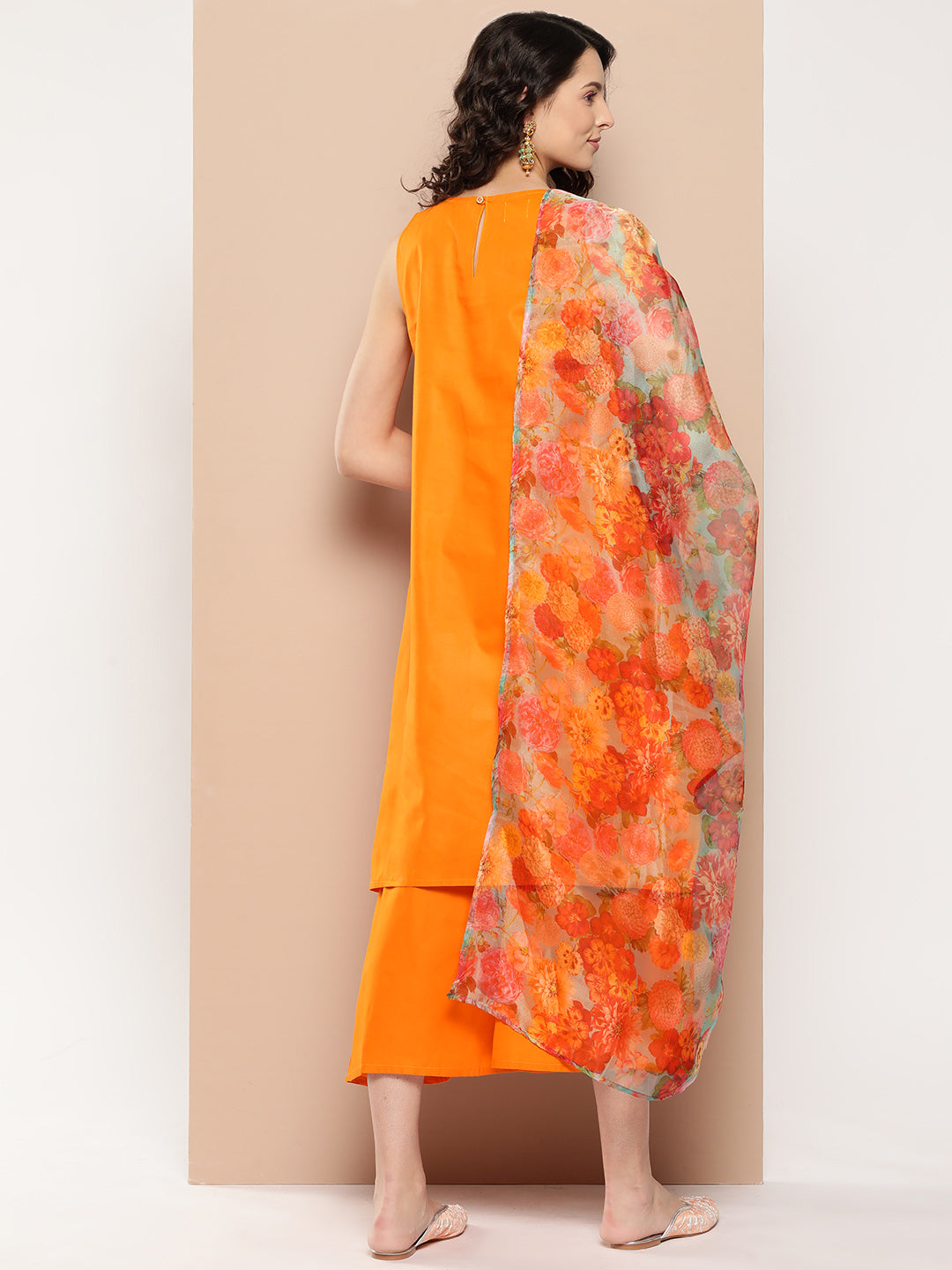 InWeave Women's Tangy Orange Short Pallazo Set W Green Or Dupatta | Grocsy