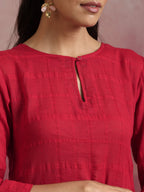 trueBrowns Red Cotton Dobby Flared Kurta Set | Grocsy