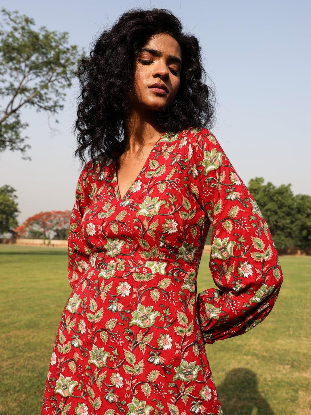 trueBrowns Red Cotton Block Print Backless Dress | Grocsy