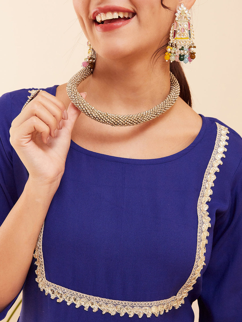 InWeave Women's Blue Round Neck Square Gota Work Kurta Pant Set | Grocsy