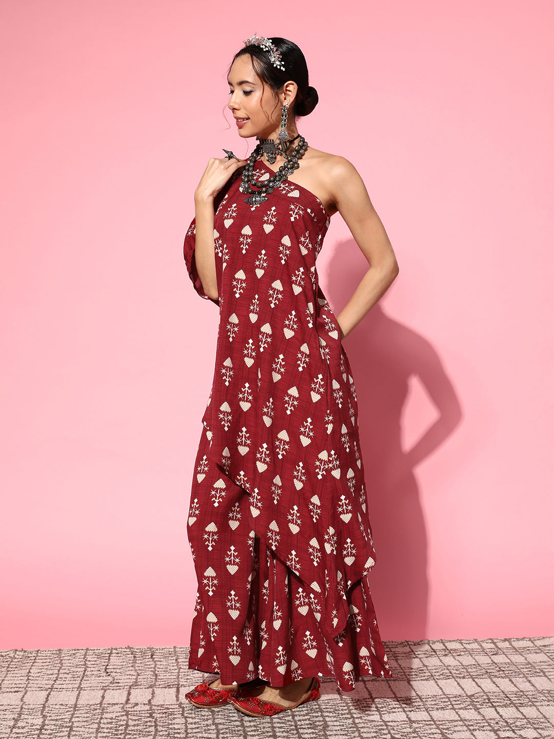 InWeave Women's Maroon Boota One Shoulder Top With Palazzo Set | Grocsy