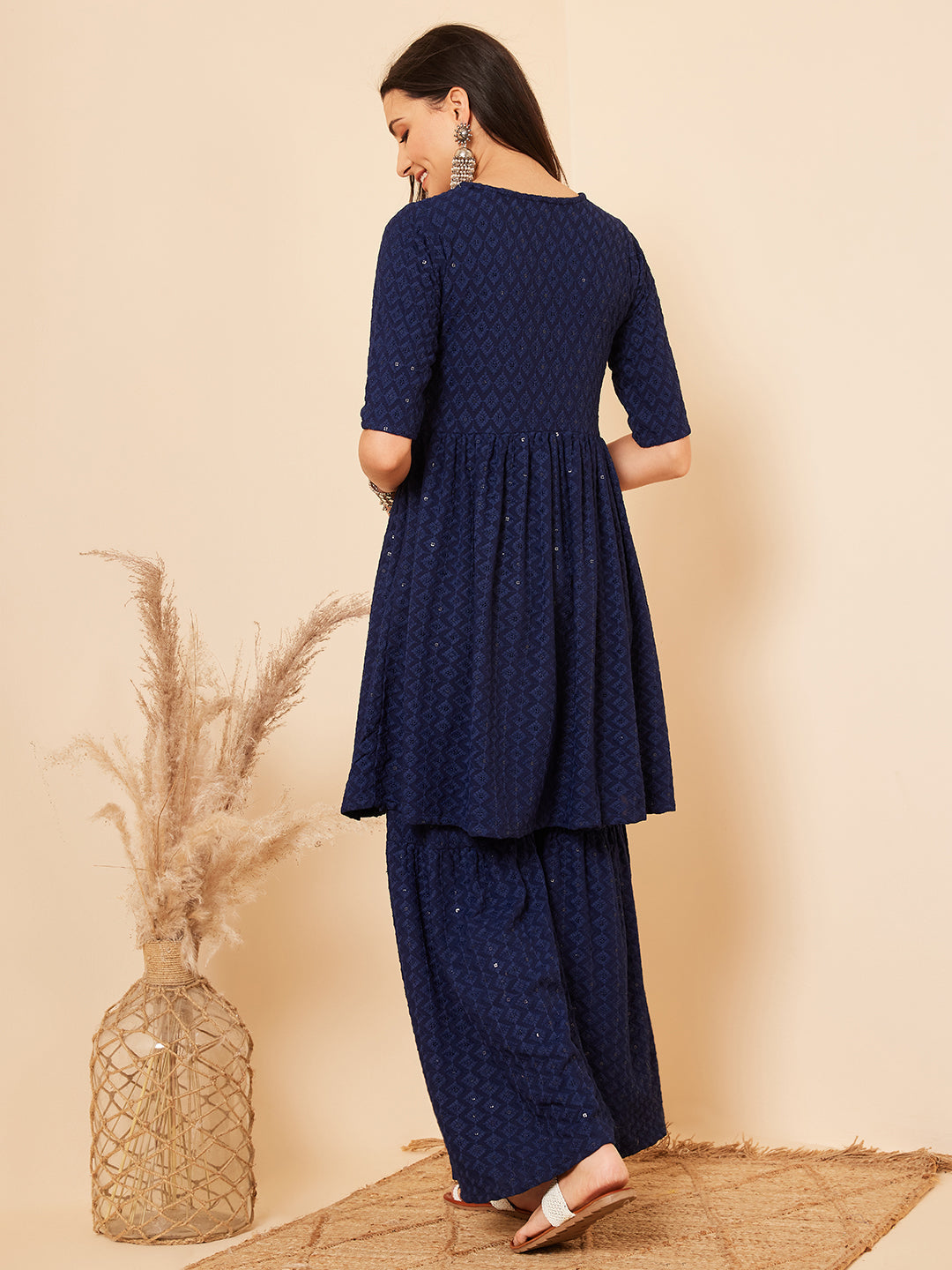 InWeave Women's Royal Blue Chikankari Kurta Set With Sharara | Grocsy