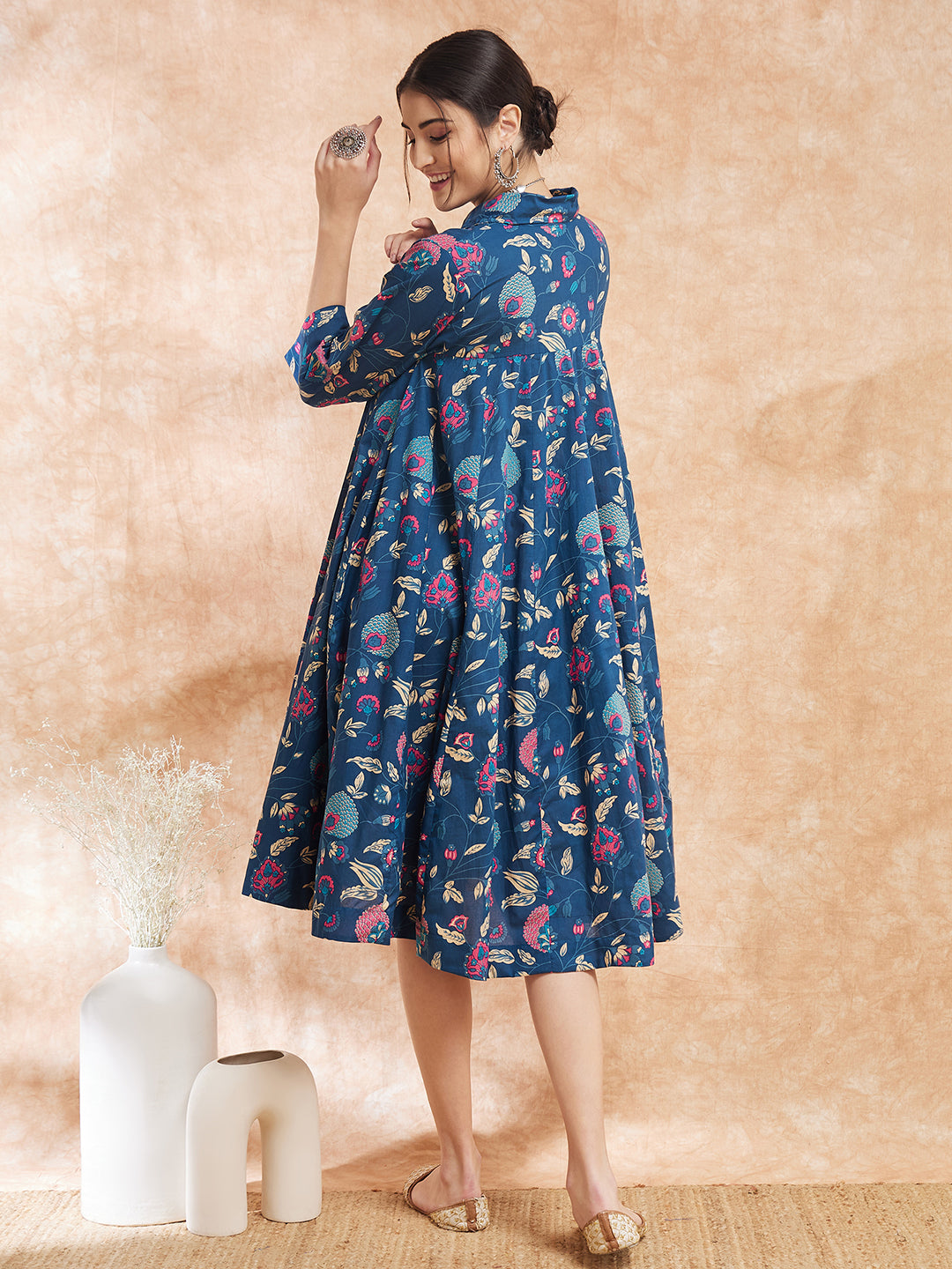 InWeave Women's Blue Pink Kalamkari Flared Dress | Grocsy