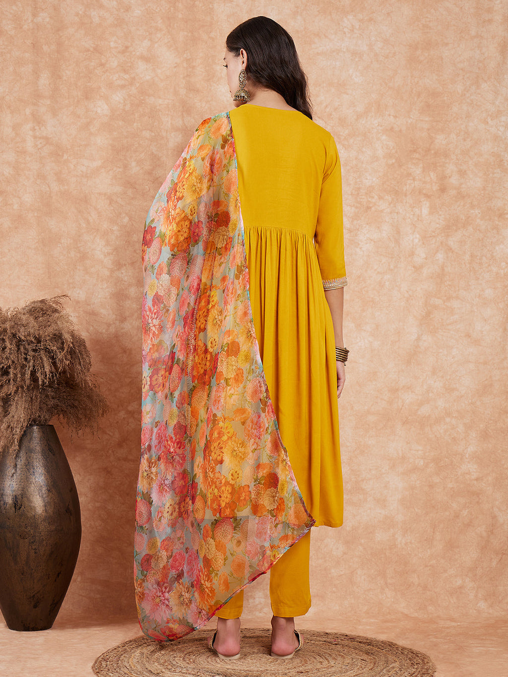 InWeave Women's Mustard Alia Neck Style Gota Set W Organza Dupatta | Grocsy