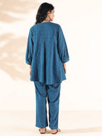trueBrowns Blue Cotton Dobby Yoke Co-ord Set | Grocsy