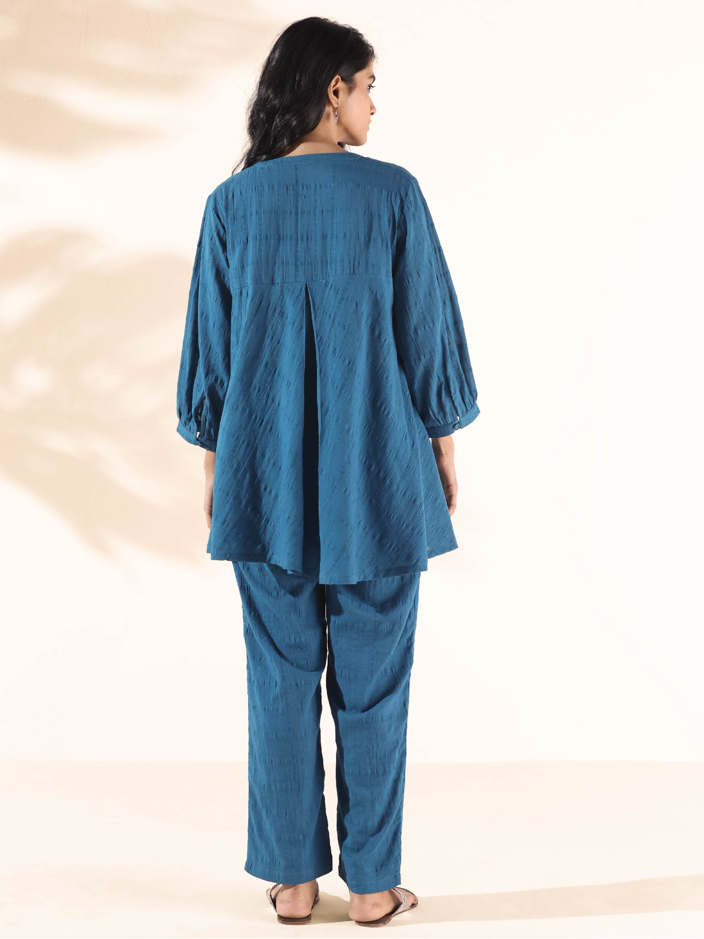 trueBrowns Blue Cotton Dobby Yoke Co-ord Set | Grocsy
