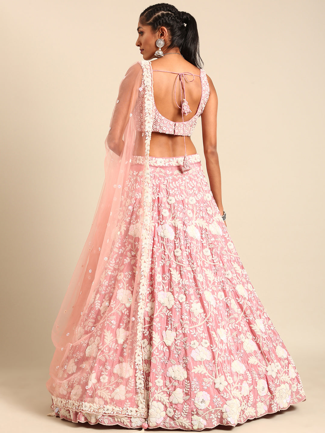 House of Panchhi Rose Gold Chinon Sequins And Zarkan Embroidery Lehenga Choli & Dupatta | Grocsy